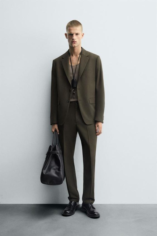 ZARA КОСТЮМНЫЕ БРЮКИ SLIM FIT, ХАКИ