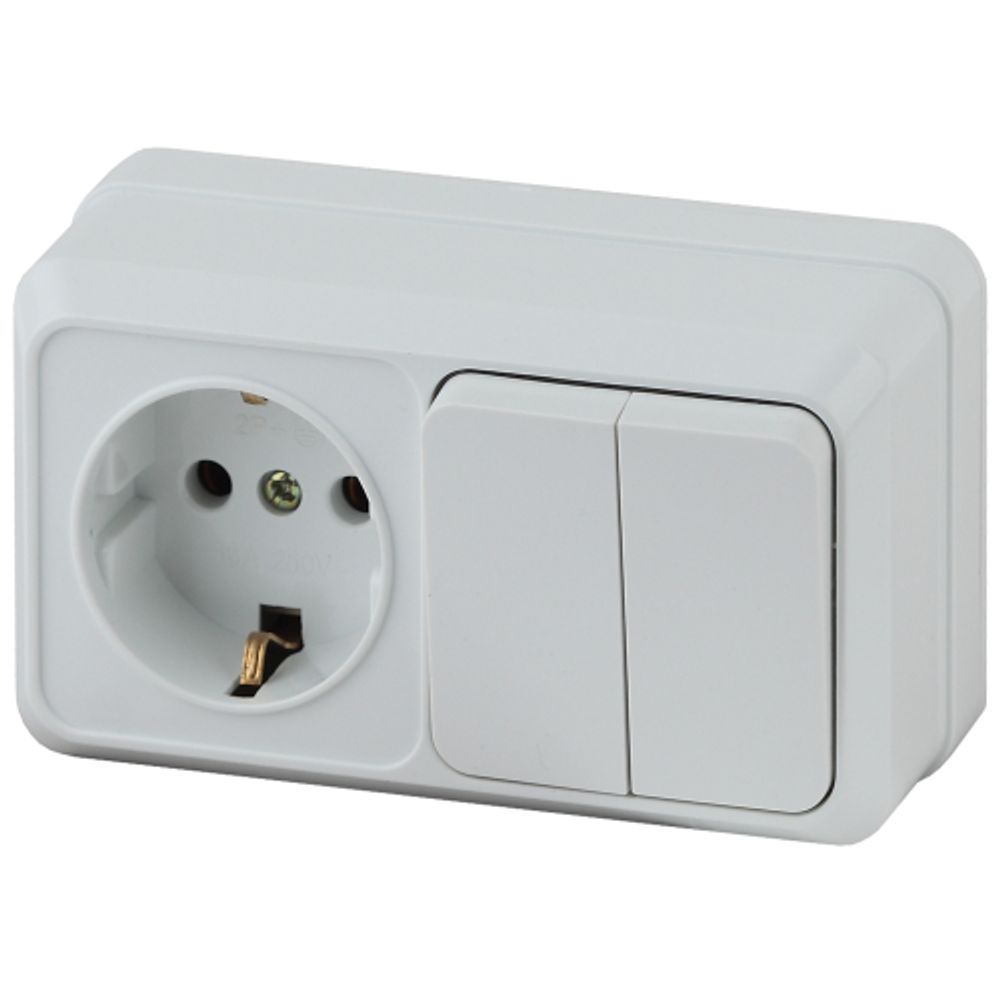 Блок розетка с выключателем Intro Quadro 2-702-01 двойным горизонтальный 10А-250В, IP20, ОУ, белый