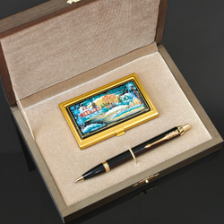 Набор "Русская деревня. Зима" визитница и ручка Parker с ручной росписью Палех