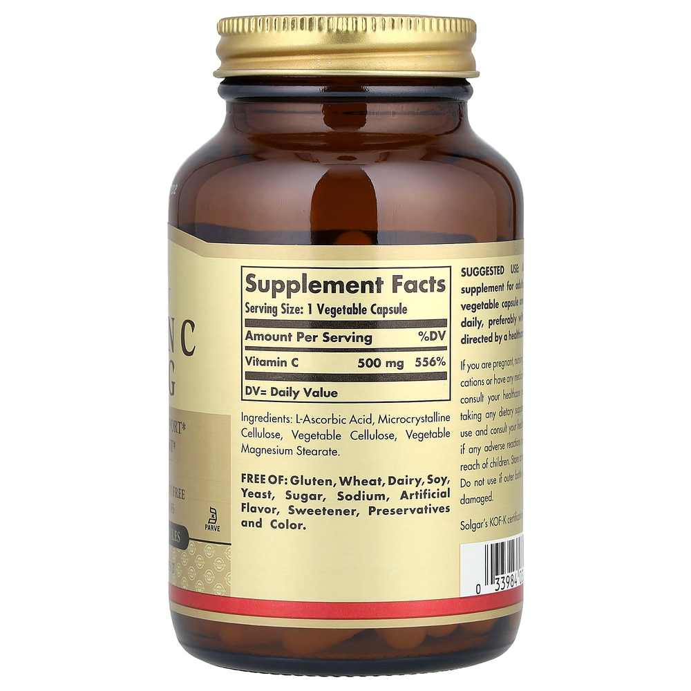 Solgar, витамин C, 500 мг, 100 растительных капсул