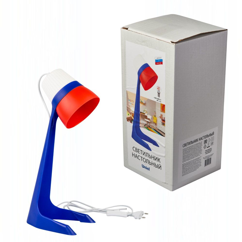 ULO-K22 D-E14-A WHITE-BLUE-RED Светильник настольный. 40W. Цоколь E14. Механический выключатель. Триколор. ТМ Uniel