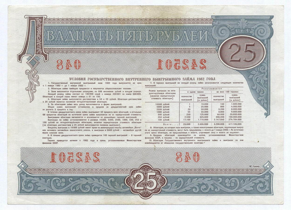 Облигация 25 рублей 1982 год. Серия № 242501. VF-