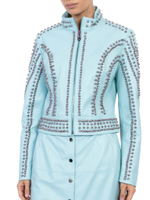 Женская бирюзовая кожаная куртка с акцентными деталями