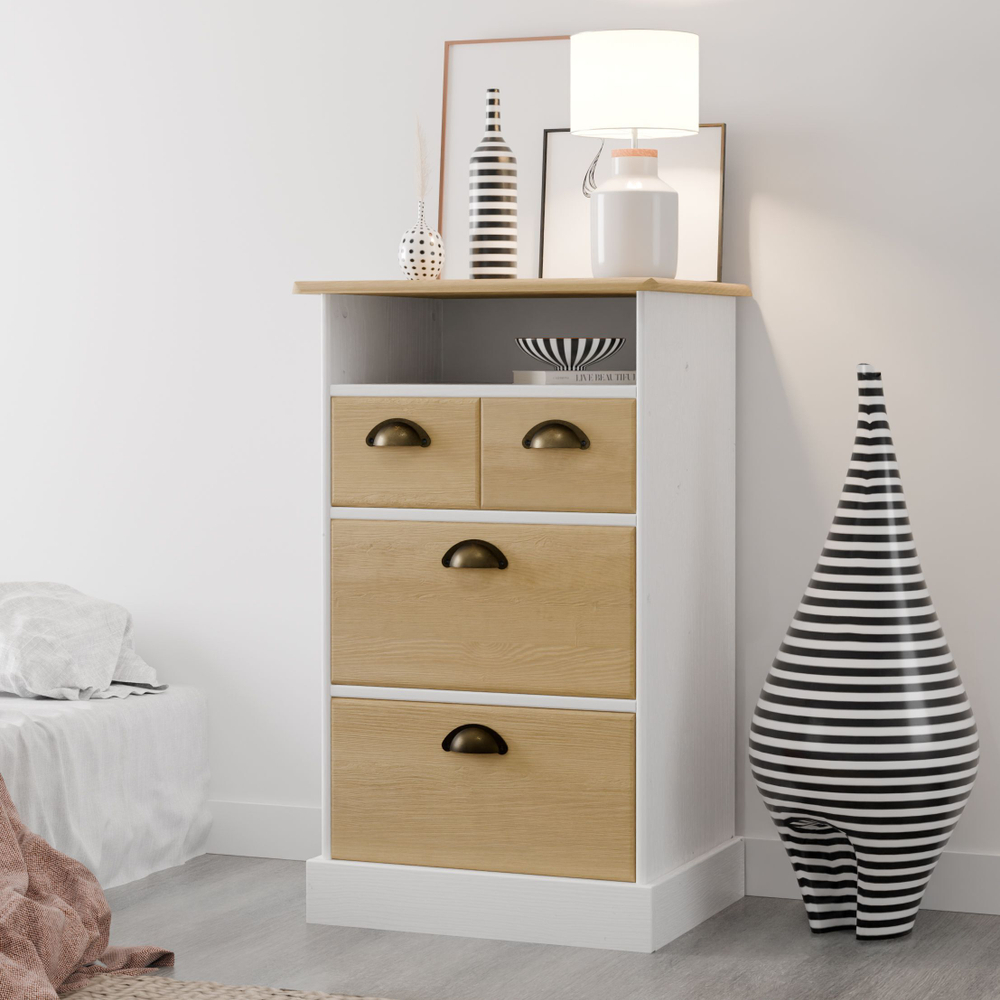 Комод деревянный Тэа 51х38х84 см с ящиками и полкой Тэа из массива сосны, 4 ящика / белый, бейц