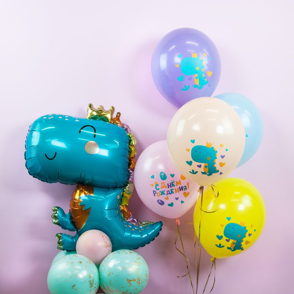 Шар (32''/81 см) Фигура, Динозаврик в короне, Голубой, 1 шт.