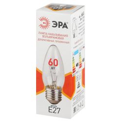 Лампочка ЭРА B36 60Вт Е27 / E27 230В накаливания свечка прозрачная