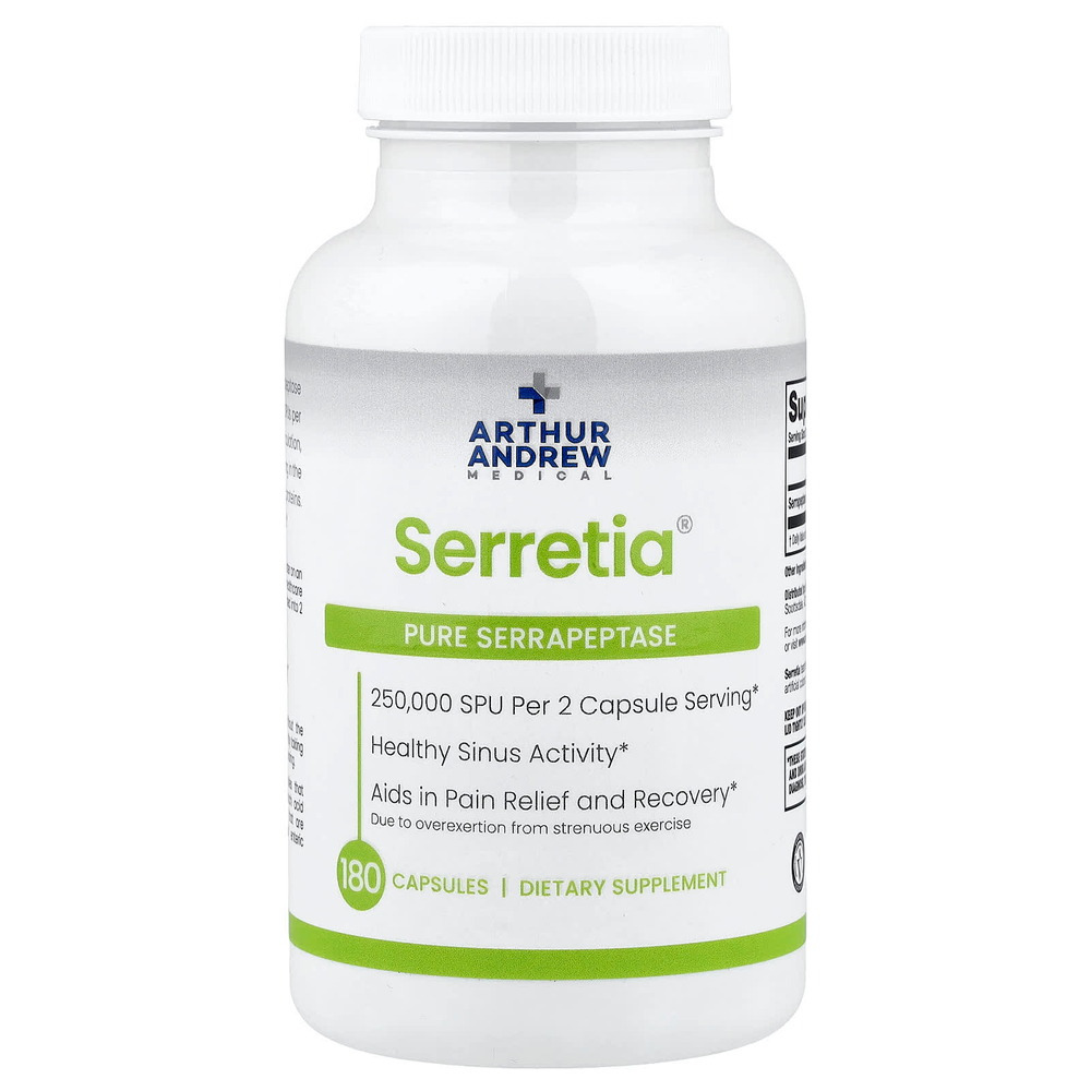 Arthur Andrew Medical, Serretia®, чистая серрапептаза, 180 капсул (125 000 SPU в каждой капсуле)