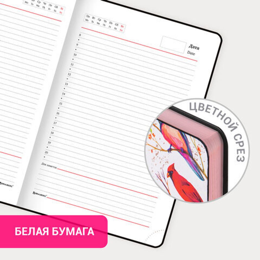 Ежедневник недатированный А5 (138х213 мм), BRAUBERG VISTA, под кожу, гибкий, 136 л., "Birds", 112021