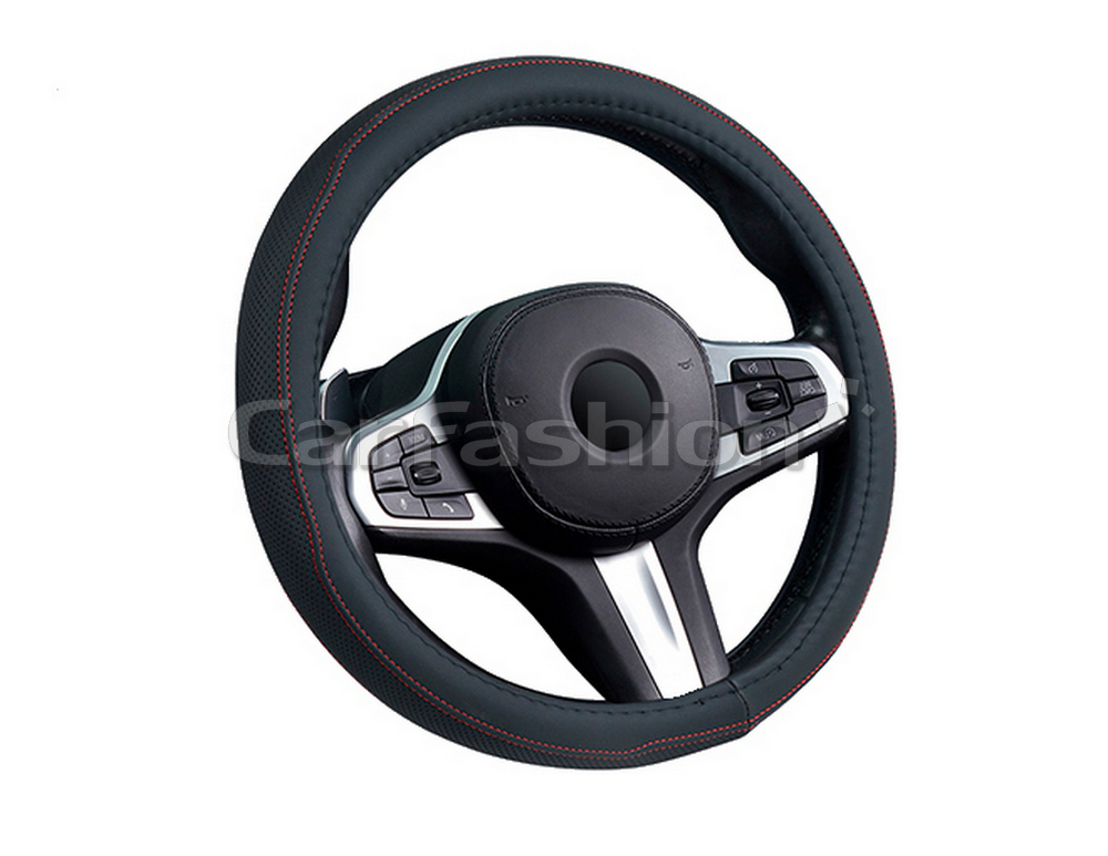 Оплетка на руль круглая CarFashion -М- «DERBY» 31630 - Экокожа - чёрный перф/шов красный