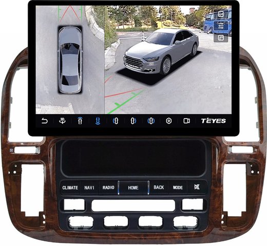Магнитола для Toyota Land Cruiser 100, Lexus LX470 1998-2002 (климат на ШГУ, рамка дерево) - Teyes CC3-2K-360 монитор 13" 2K QLED на Android 10, 6Гб+128Гб, CarPlay, 4G SIM-слот, 4 камеры в комплекте