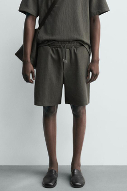 ZARA ШОРТЫ-ДЖОГГЕРЫ ИЗ РЕЛЬЕФНОЙ ТКАНИ, ЗЕЛЕНОВАТЫЙ