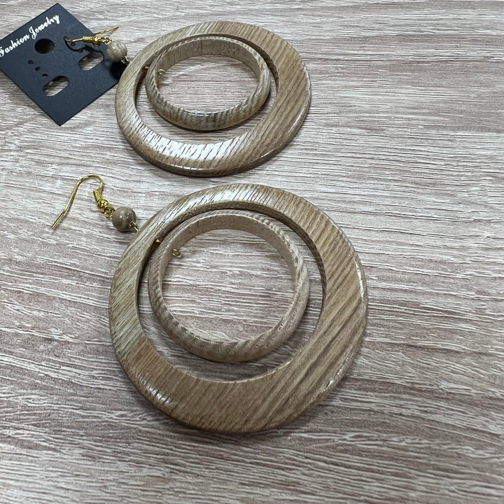 Серьги Два кольца, цвет бежевый, дерево 6 см