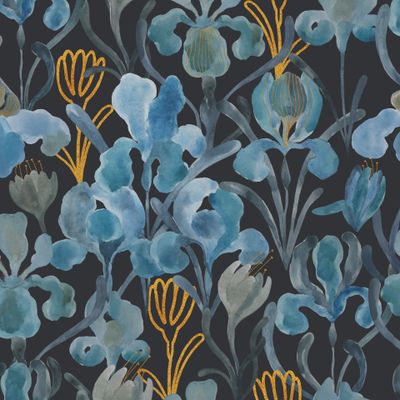 Голубые и золотые ирисы на тёмно-синем