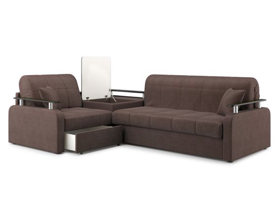 Диван угловой с Баром Денвер 1,4 - Velutto 23 шоколад/  коричневая накладка