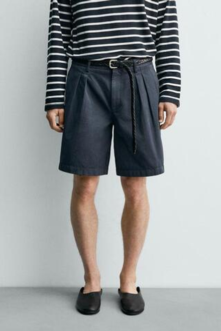ZARA X AARON LEVINE ШОРТЫ RELAXED FIT С ЗАЩИПАМИ, ПУДРОВО-СИНИЙ