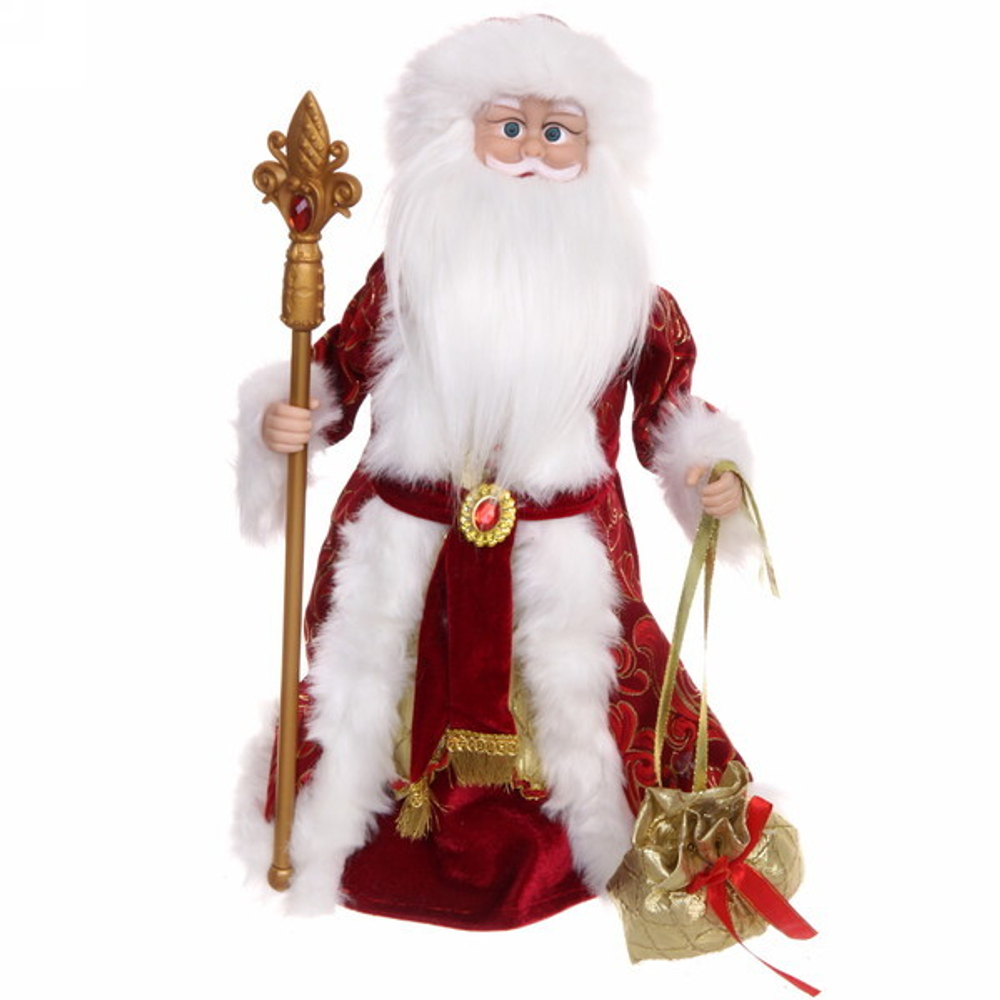 Дед Мороз музыкальный 50 см в рубиновой шубе с посохом и мешком