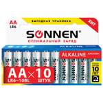 Батарейки комплект 10 шт. SONNEN Alkaline АА (LR6 15А) алкалиновые пальчиковые короб (6 штук в упаковке)