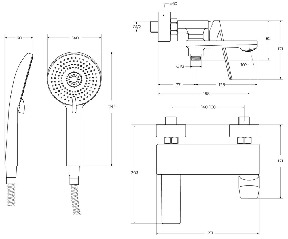 Смеситель CEZARES COMFORT-VD-01 для ванны и душа с поворотным изливом, ручным душем, шлангом и держателем
