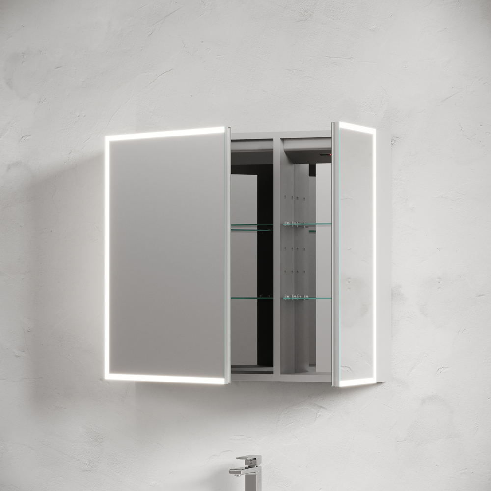 Зеркальный шкаф для ванной комнаты из алюминия Sancos Evoke 800x700х136 мм с LED подсветкой арт. SC8080