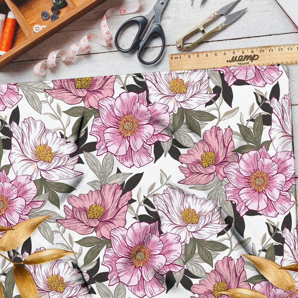 Ткань поплин розовые цветы серые листья