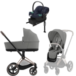 Коляска Cybex Priam IV Rosegold complete Aton S2 Ocean Blue Base One 4 в 1 Mirage Grey