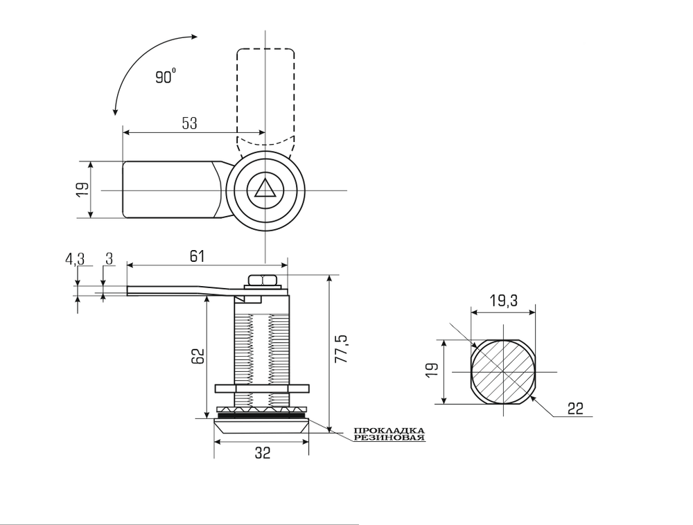Замок мебельный / щитовой 62 мм, с треугольным ключом, с защитой от проникновения воды и влаги