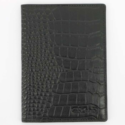 Обложка для паспорта S.Quire 6400-BK CROCO из натуральной воловьей кожи цвет черный с фактурным рисунком в подарочной фирменной упаковке