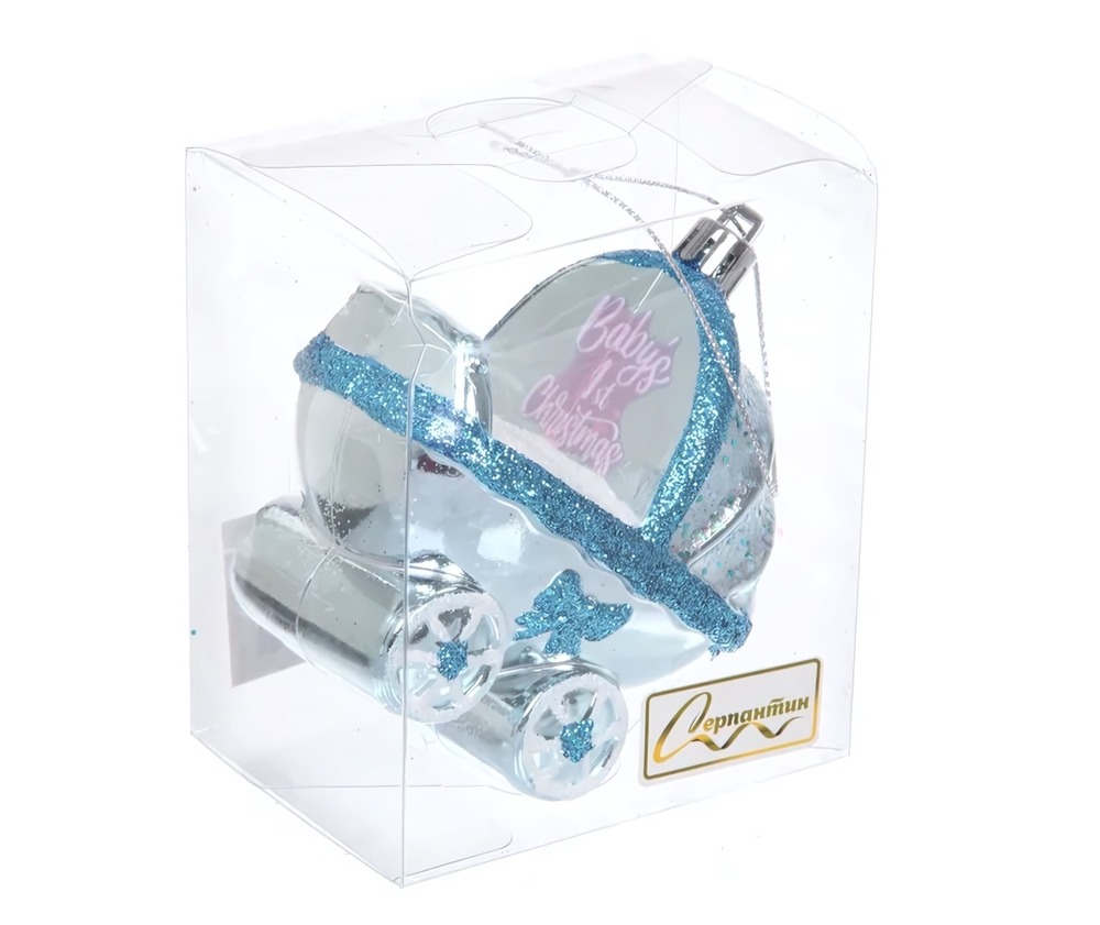 Елочная игрушка "Детская коляска" 5.5*6*9.5 см, Голубой (Серпантин)