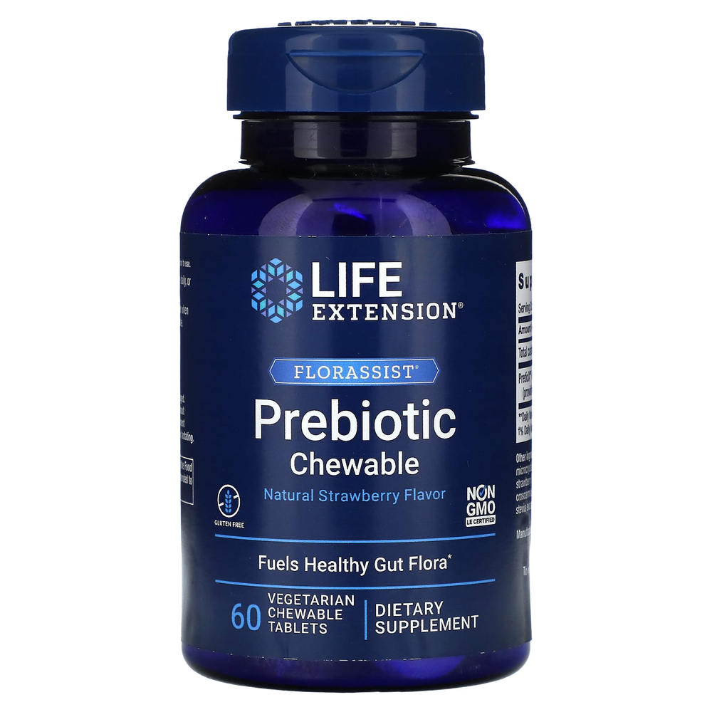 Life Extension, Florassist, жевательный пребиотик, натуральная клубника, 60 вегетарианских жевательных таблеток (1400 мг в 1 таблетке)
