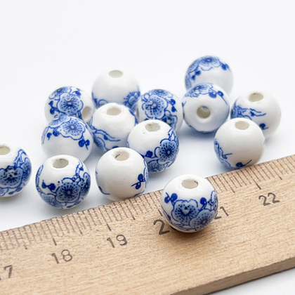 Бусины Шар с цветами, керамика, цвет синий, размер около 10 мм, цена за 1 шт