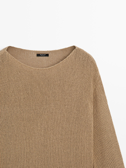 Massimo Dutti Свитер из смесового хлопка с ажурным узором, светло-коричневый