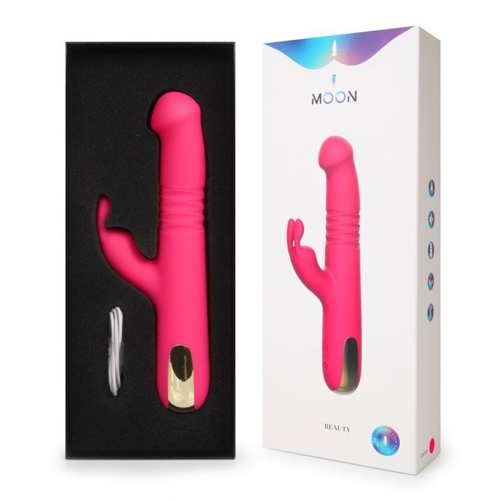 Розовый вибратор-ротатор со стимулятором клитора и возвратно-поступательными движениями - 22,4 см.