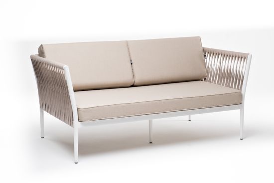 "Касабланка" диван 2-местный плетеный из роупа, каркас алюминий белый муар, роуп бежевый 20мм, ткань бежевая 15052