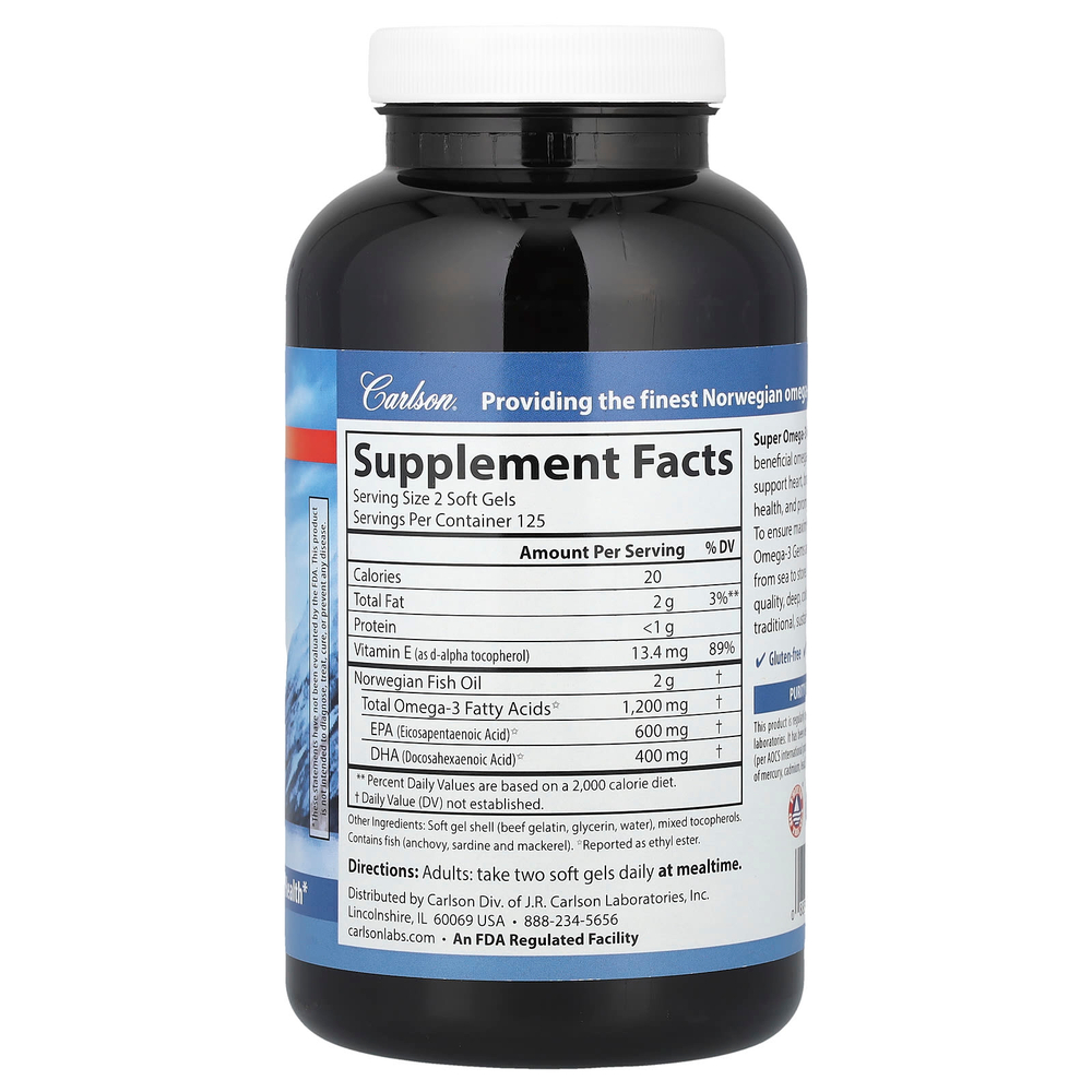 Carlson, Super Omega-3 Gems®, высокоэффективные омега-3 кислоты из рыбы дикого улова, 250 капсул