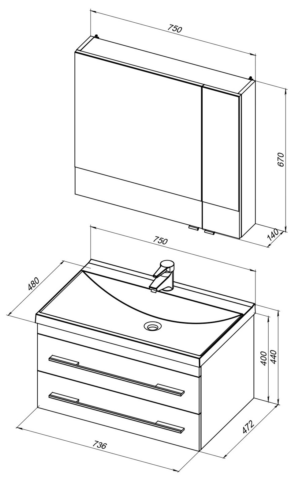 Мебель для ванной Aquanet Нота NEW 75 белый (камерино)