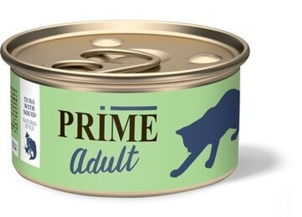 PRIME 70г ж/б Влажный корм для кошек Тунец с кальмаром в собственном соку