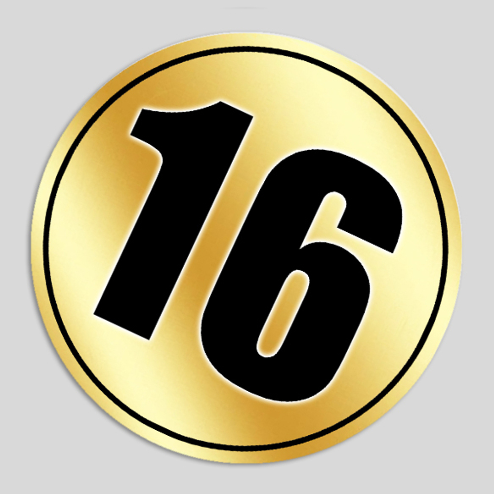 Номер участника, крепление в ассортименте. Диаметр 86 мм. Цвет номера GOLD