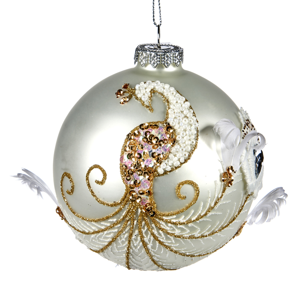 Шар с перьями 10см Goodwiil Peacock Ball белый с золотом