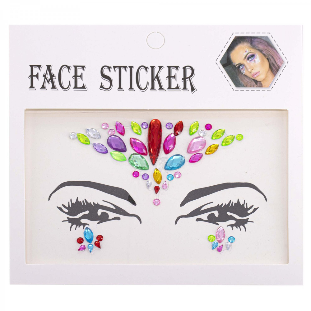 Наклейки-стразы Alingar, акриловые, "Декор для лица", оформление зоны лба и глаз, ассорти, пакет с европодвесом