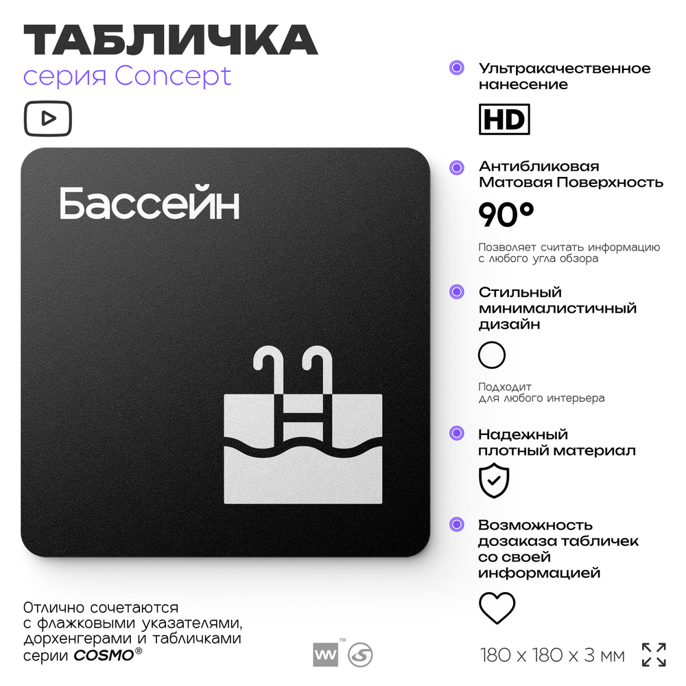 Табличка Бассейн, на дверь и стену, навигационная и информационная, серия CONCEPT, 18х18 см, Айдентика Технолоджи