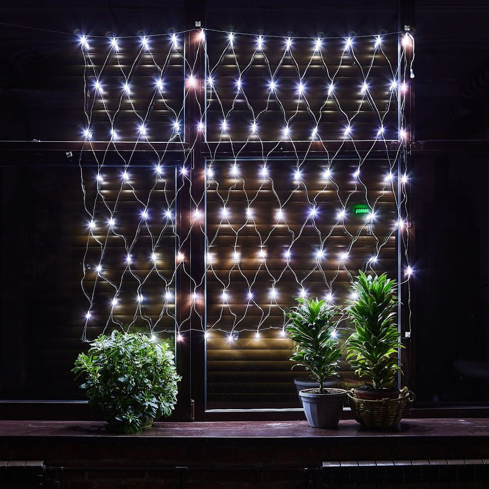 ULD-N1515-96-TTK WHITE IP44 Сетка светодиодная с эффектом мерцания. 1.5х1.5м. Соединяемая. 96 светодиодов. Белый свет. Провод прозрачный. TM Uniel