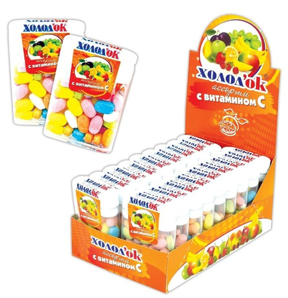 Сахарное драже "Холодок" со вкусом "Ассорти" с витамином С, в дисплей боксе 18*14г