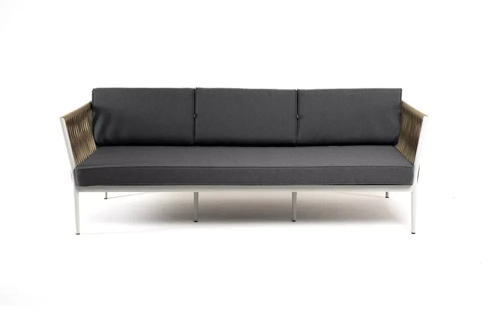 "Касабланка" диван 3-местный плетеный из роупа, каркас алюминий светло-серый (RAL7035) муар, роуп серо-коричневый 23мм, ткань серая 017