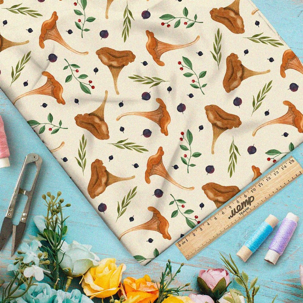 Ткань лён грибы лисички и ягоды