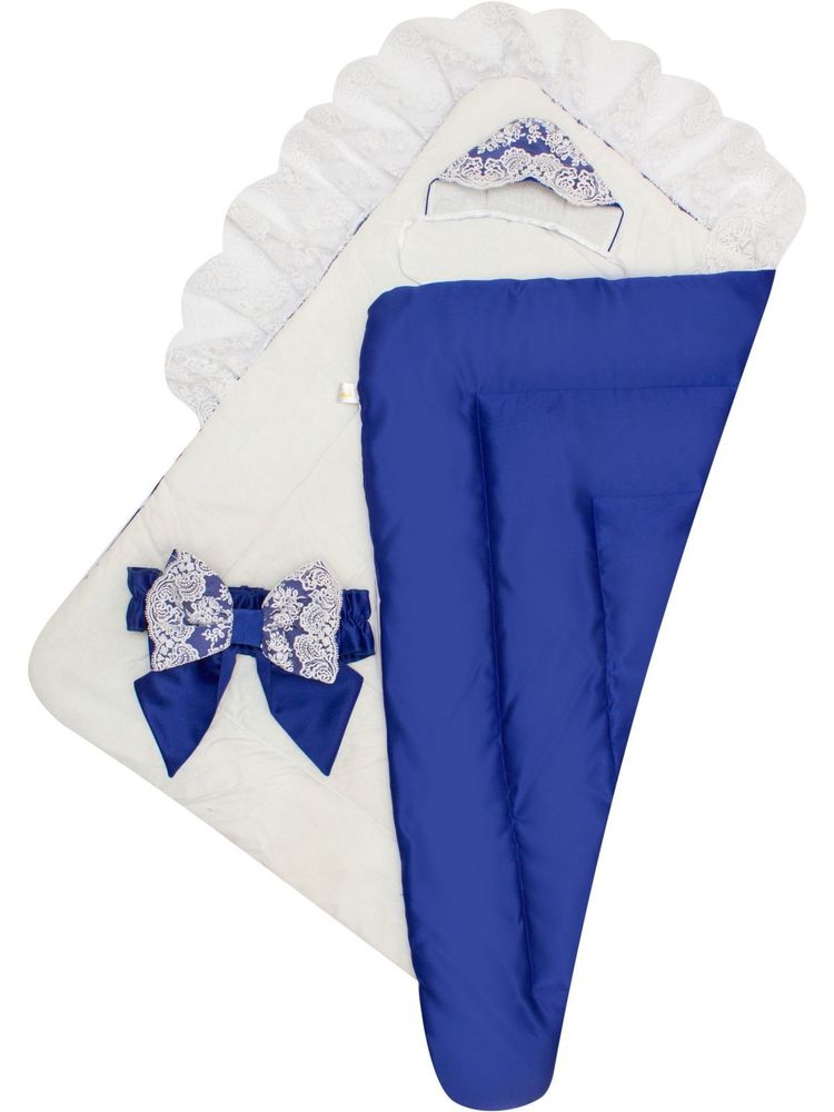 Зимний конверт-одеяло на выписку &quot;Неаполь&quot; (синий с молочным кружевом) без пледа