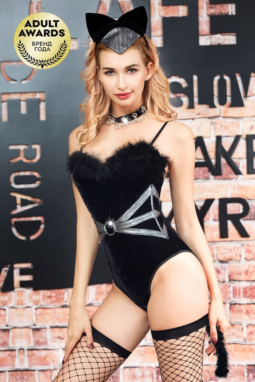 Костюм кошки Candy Girl Kitty (боди, головной убор, чокер, пояс, чулки)