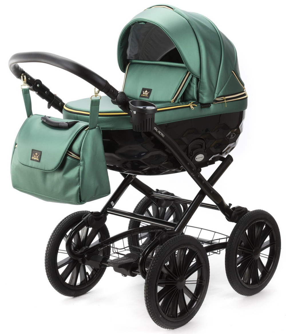 Детская коляска Adamex Chantal Retro Deluxe 2 в 1 C105B  (ИЗУМРДНАЯ 100% КОЖА-ЗОЛОТЫЕ МОЛНИИ)