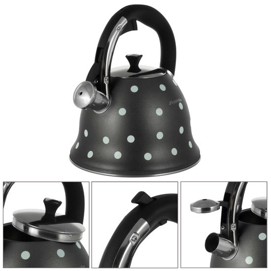 Чайник 2,5 л. из нержавеющей стали со свистком Kamille KM-1099 с рисунком "горошек"