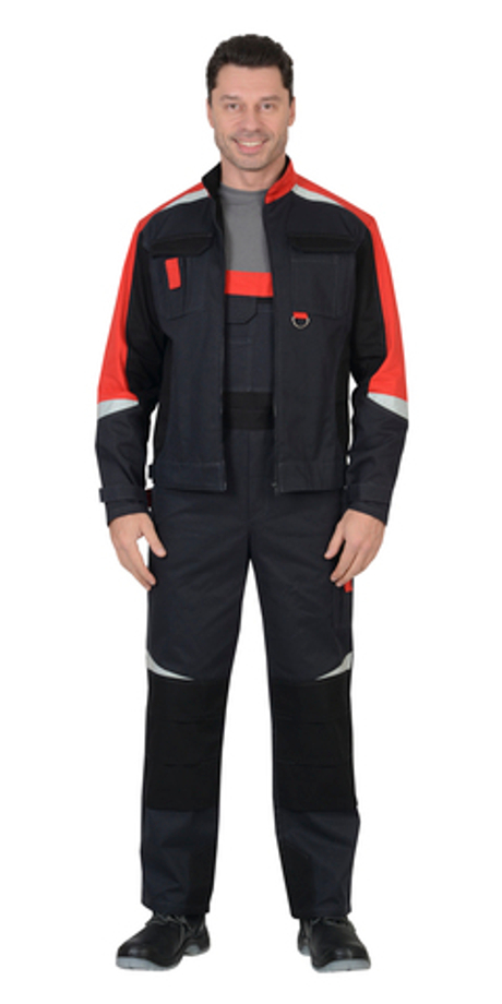 Костюм "ФАВОРИТ-МЕГА": куртка, п/к. сер. с красн. и чер. с СОП (узб.Саржа) пл. 320 г/кв.м