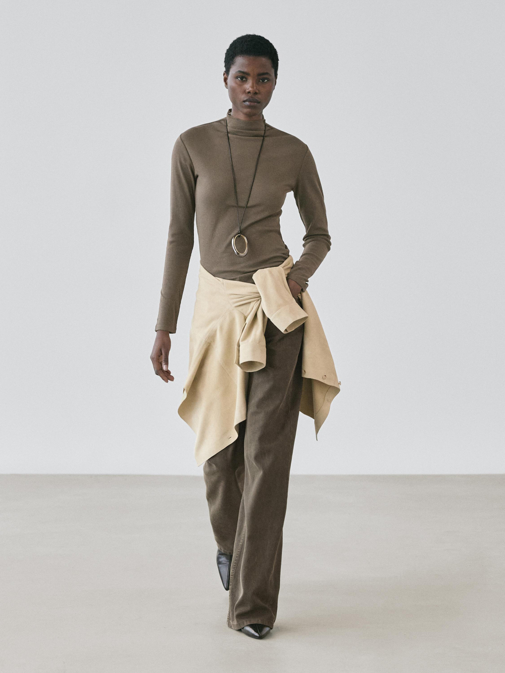 Massimo Dutti Хлопковая футболка в рубчик с длинными рукавами, кофейный